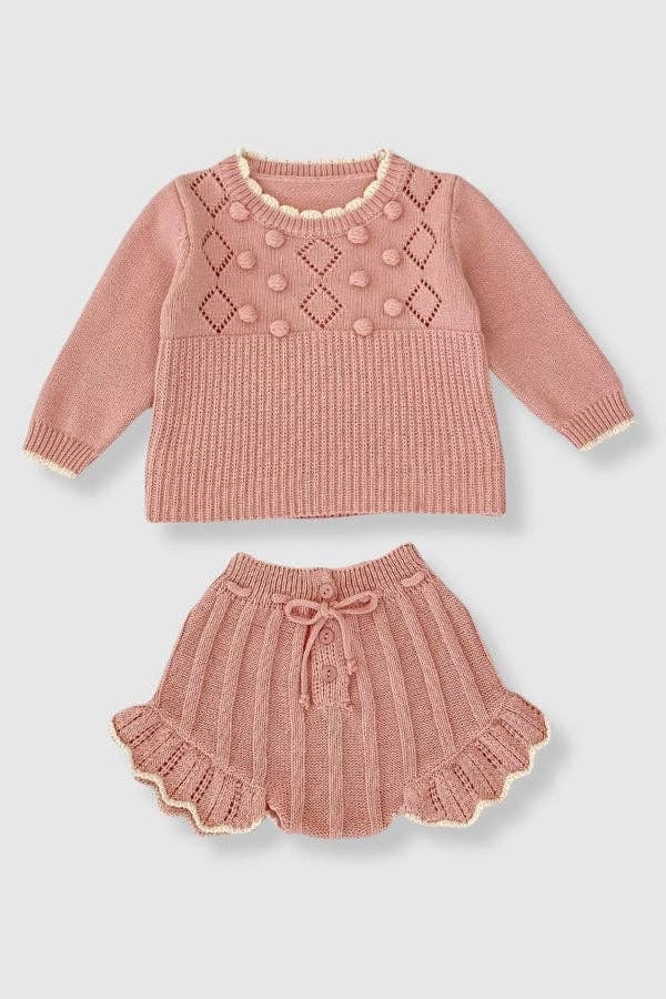 100% Cotton Knit Sweater Set with Flutter Detail