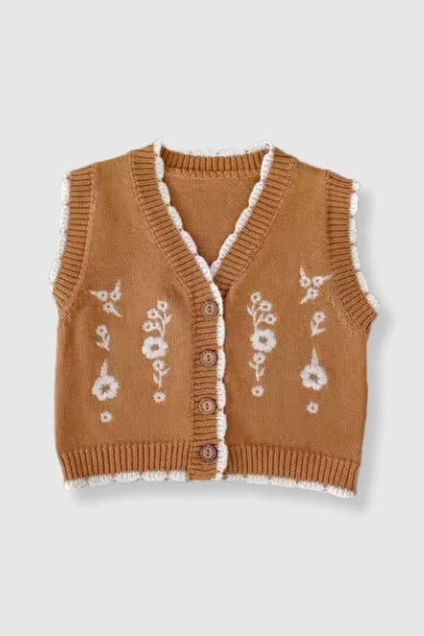 100% Cotton Knit Sweater Vest with Floral Embroidery
