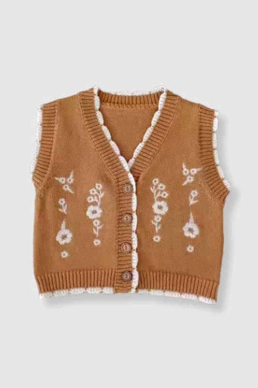 100% Cotton Knit Sweater Vest with Floral Embroidery