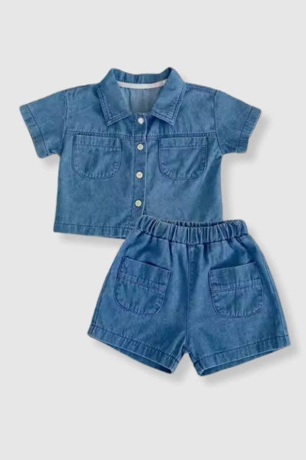100% Cotton Denim Collared Two-Piece Set