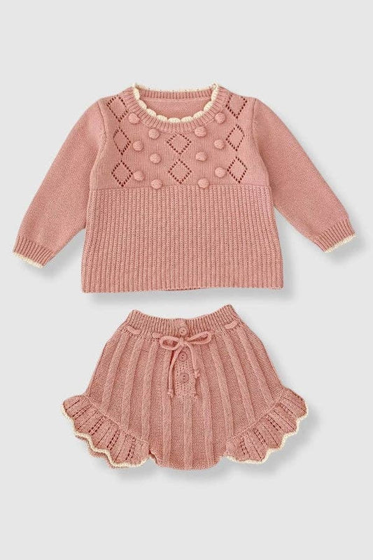 100% Cotton Knit Sweater Set with Flutter Detail